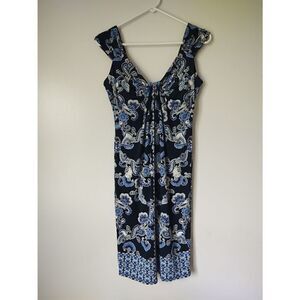 NY&CO Women's Size XS Navy Blue Paisley Sleeveless Midi Dress Ruched Bodice